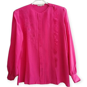 Vintage Peony Pure Silk Hand Embroidered Pink Long Sleeve Blouse Size 34 Small
